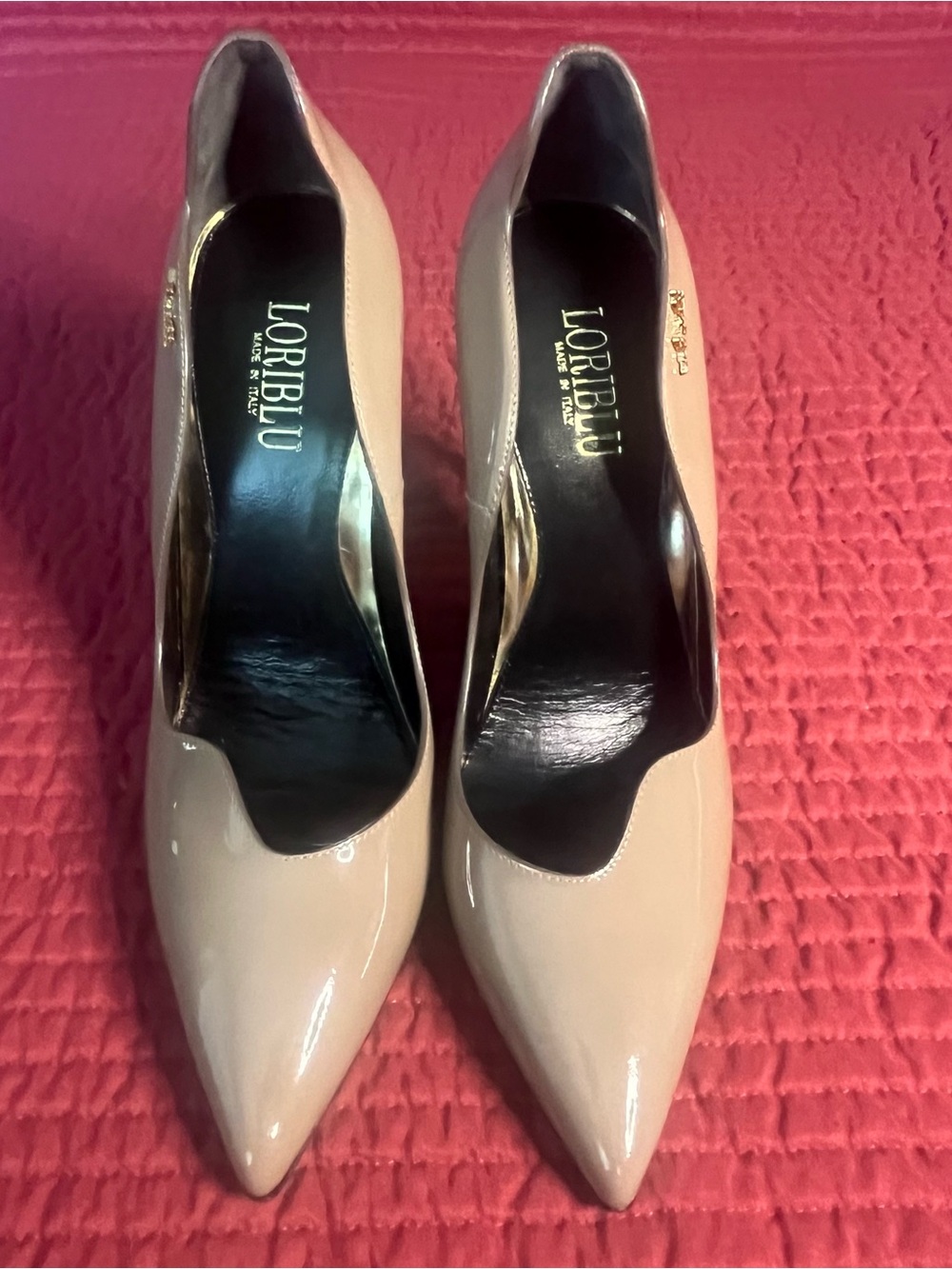 Loriblu Nude Taupe Patent Leather Wave Pumps Gold Heels Italy Size 38.5 / US 8.5